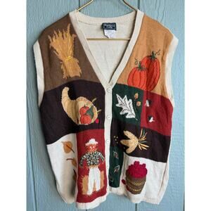 Vintage Fall Patchwork Knit Vest – 90s Harvest Theme USA XL